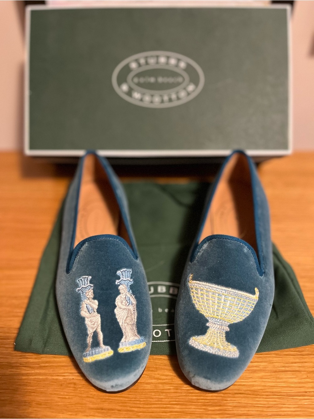 Stubbs & Wootton Velvet Loafers with Embroidered Greek Iconography- Teal Blue